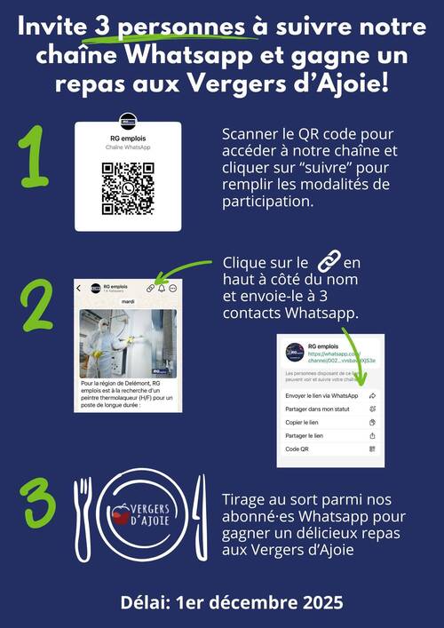 Invite 3 personnes à suivre notre chaîne Whatsapp et gagne un repas au Verger d’Ajoie! - 1